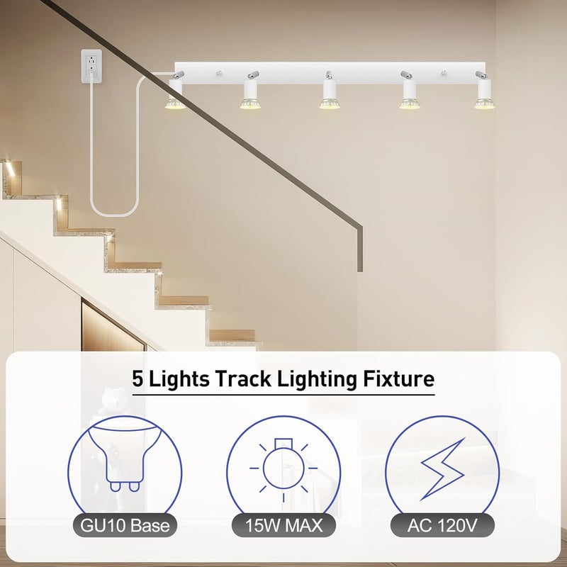 Bricosmocon Plug-in Track Lighting, LED Track Lighting Fixtures Ceiling Kit, 30" White Plug in Wall Light with 14.8ft Cord, 3-Light Ceiling Spotlight,Rotatable Kitchen Light Head for Bedroom Hallway(GU10,NO Bulb) - Image 4